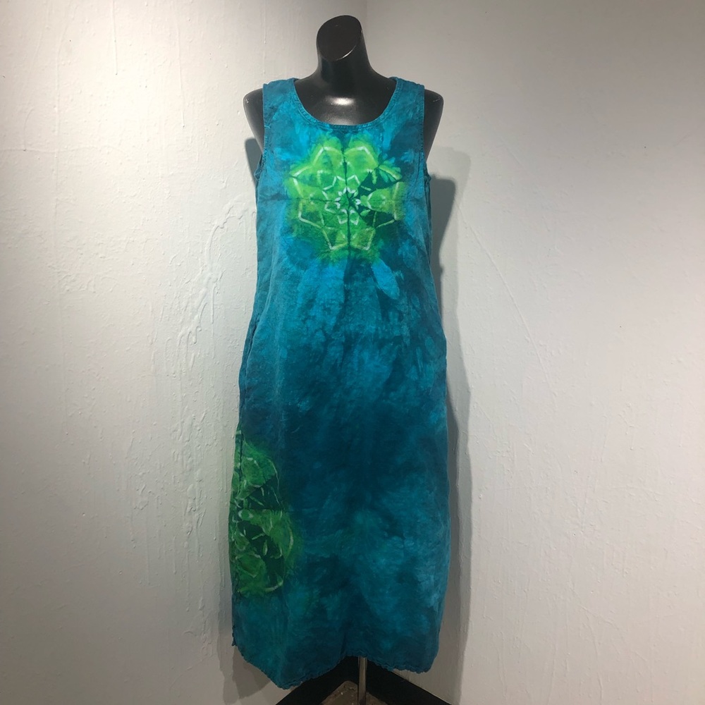 Tie Dye Upcycle Sunbelt Linen Sleeveless Dress Teal Green Pockets Size Lg